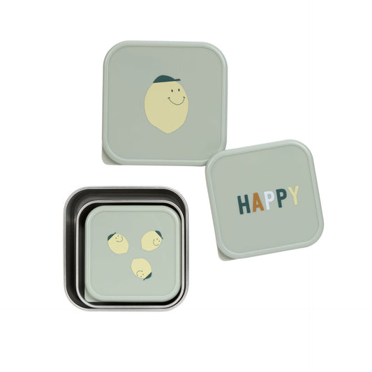 LÄSSIG Snackbox 3er Set Happy Fruits Zitrone stapelbare Edelstahl Boxen