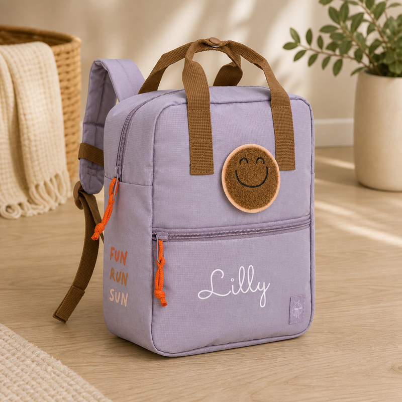 Lässig lila Kindergartenrucksack Square - Little Gang Personalisierung