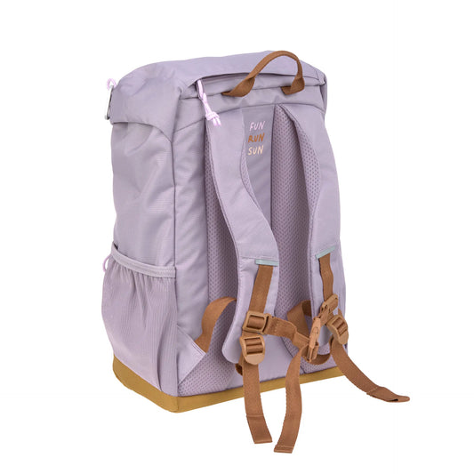 Lässig Kinderrucksack Outdoor geöffnet mit Hauptfach und Klickverschluss Lila