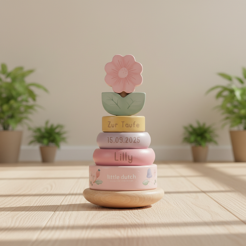 Little Dutch rosa Holz Stapelturm mit Ringen Personalisierung Taufe - Fairy Garden