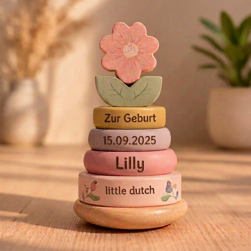 Little Dutch rosa Holz Stapelturm mit Ringen Personalisierung Geburt - Fairy Garden