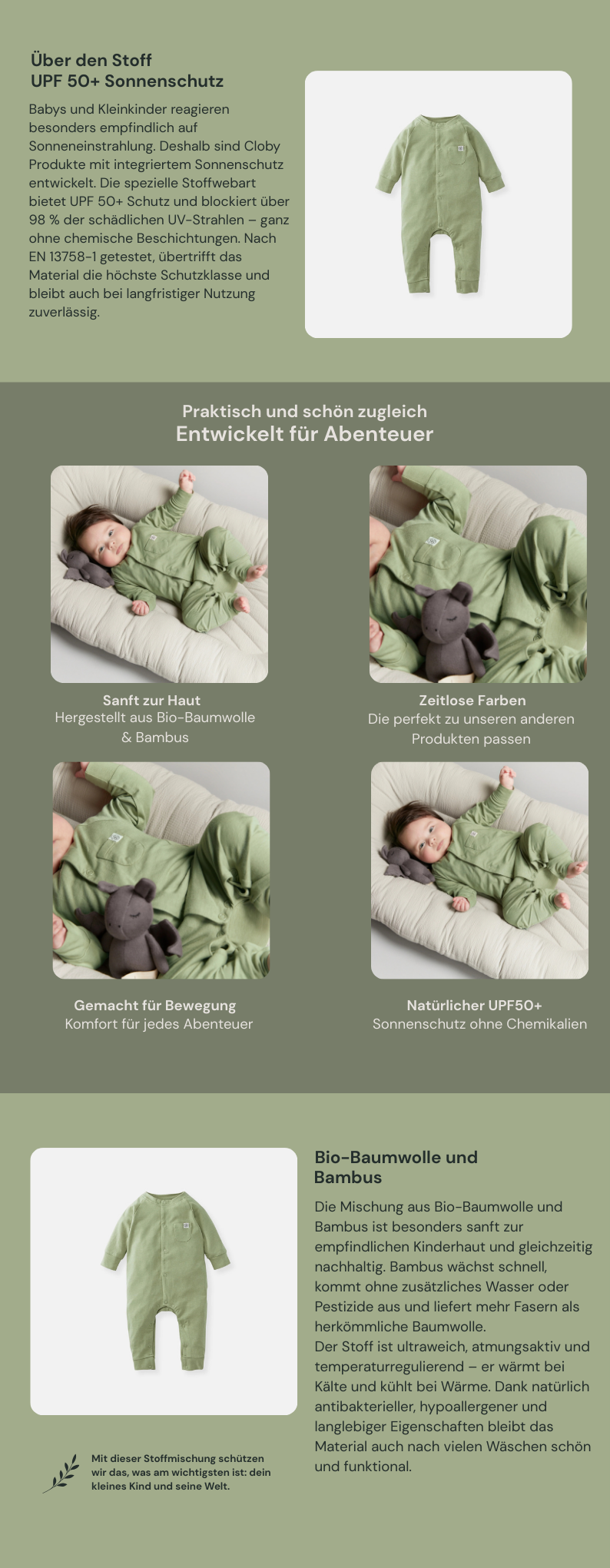 Cloby Strampler mit UV Schutz grün - Playsuit Olive Green UPF 50+