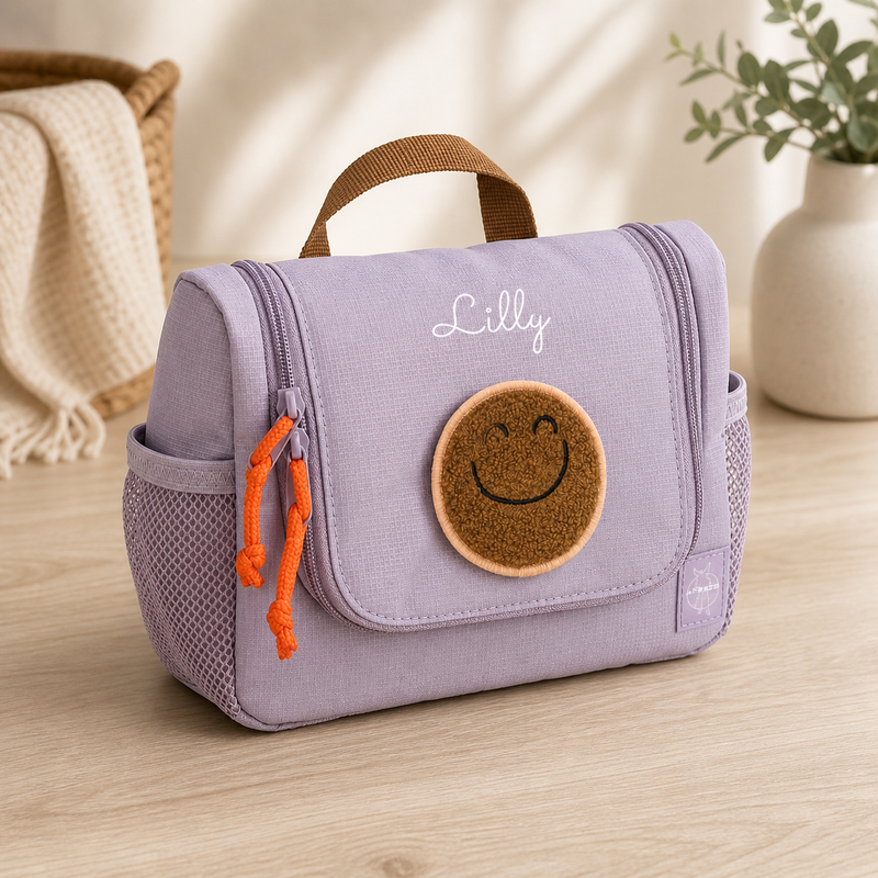 Lässig lila Kulturbeutel Kinder - Little Gang - Smiley Kulturtasche Personalisierung mit Namen