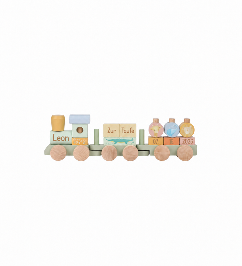 Little Dutch Holzblockzug Safari Friends personalisiert zur Taufe mit Namen Leon