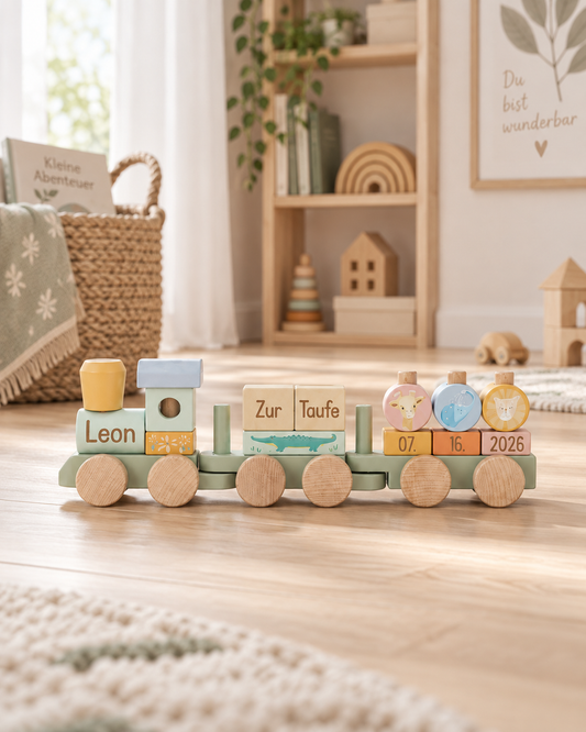 Personalisierter Little Dutch Holzblockzug Safari Friends zur Taufe im Kinderzimmer