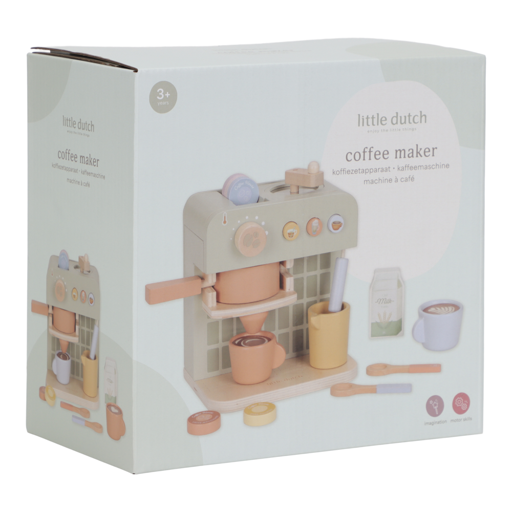 Verpackung der Little Dutch Kaffeemaschine mit Produktabbildung, Zubehör und Alterskennzeichnung 3+.