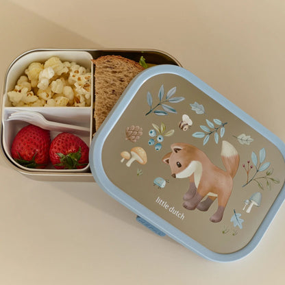 Mepal Edelstahl Bento Brotdose Forest Friends Weiß, geöffnete Brotdose mit gefülltem Bento Fach