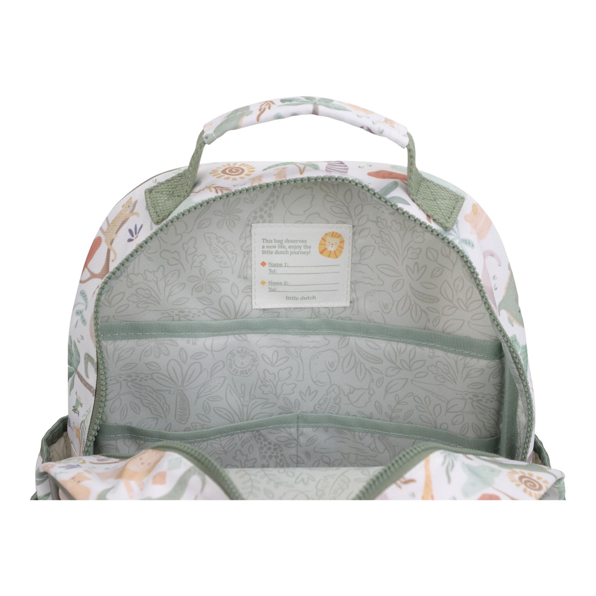 Little Dutch Rucksack 35 cm Safari Friends, Vorderansicht weiss mit Loewe, Krokodil, Flamingo und Giraffe