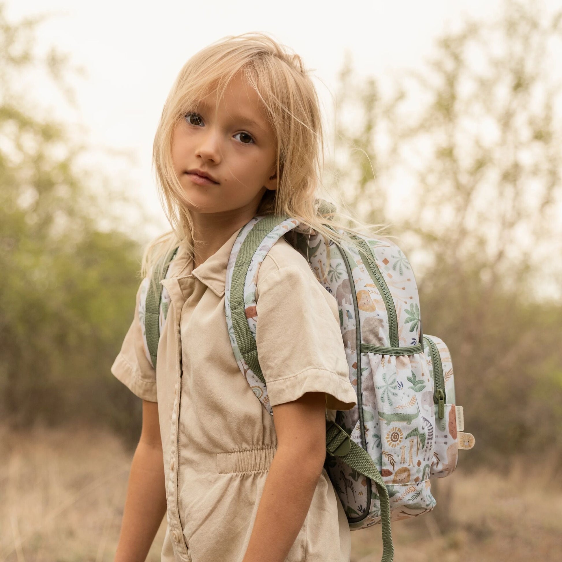 Little Dutch Rucksack 35 cm Safari Friends, weiss mit Tier-Motiven, Vorderansicht