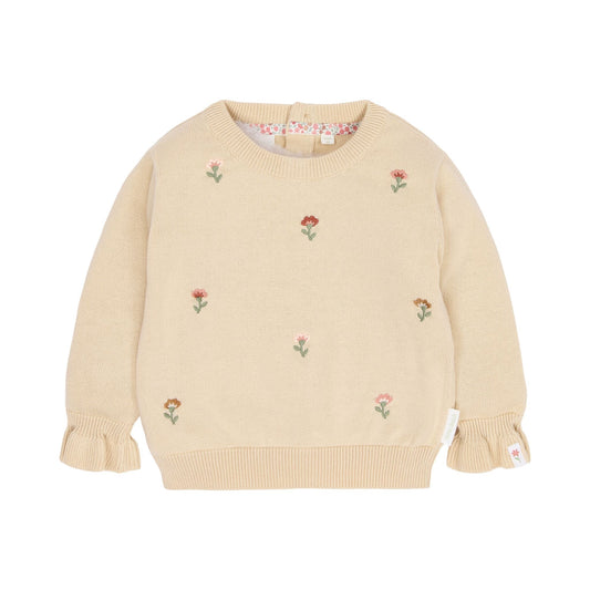 Little Dutch Gestrickter Pullover Beige mit kleinen bestickten Blumen