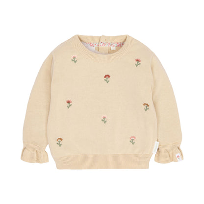 Gestrickter Pullover Beige mit Blumenstickerei