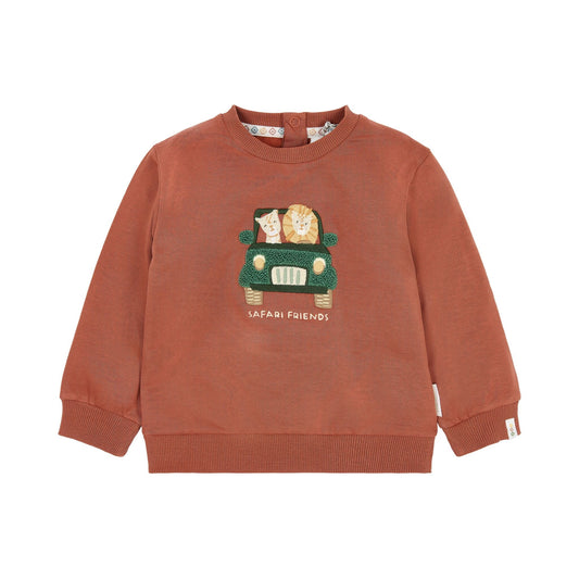 Little Dutch Pullover Rostrot mit Safari Friends Stickerei, Löwe und Leopard im Jeep