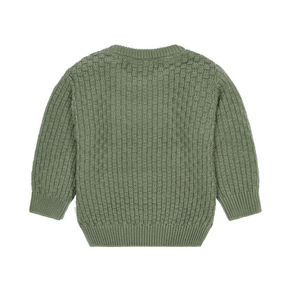 Gestrickter Pullover grün mit Aufnäher Little Dutch Detail