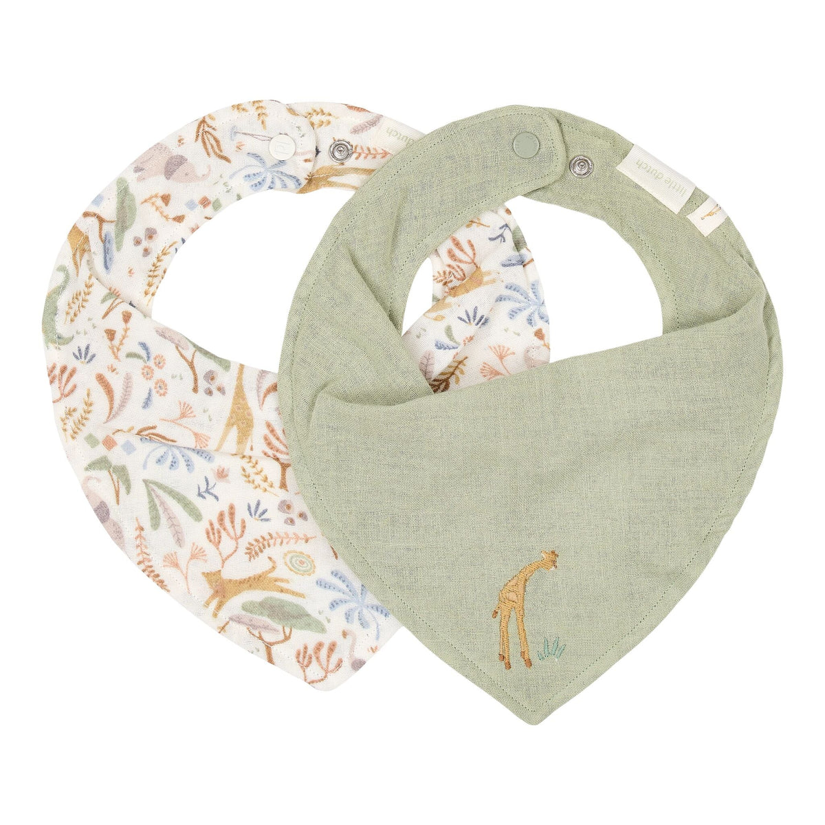 Little Dutch Bandana-Lätzchen 2er Set Grün Safari Wonders, cremeweiß mit Tierdruck und salbeigrün mit Giraffen-Stickerei