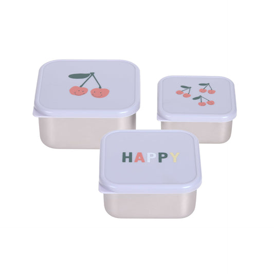 LÄSSIG Snackbox 3er Set Happy Fruits Kirsche stapelbare Edelstahl Boxen