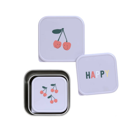 LÄSSIG Snackbox 3er Set Happy Fruits Kirsche stapelbare Edelstahl Boxen