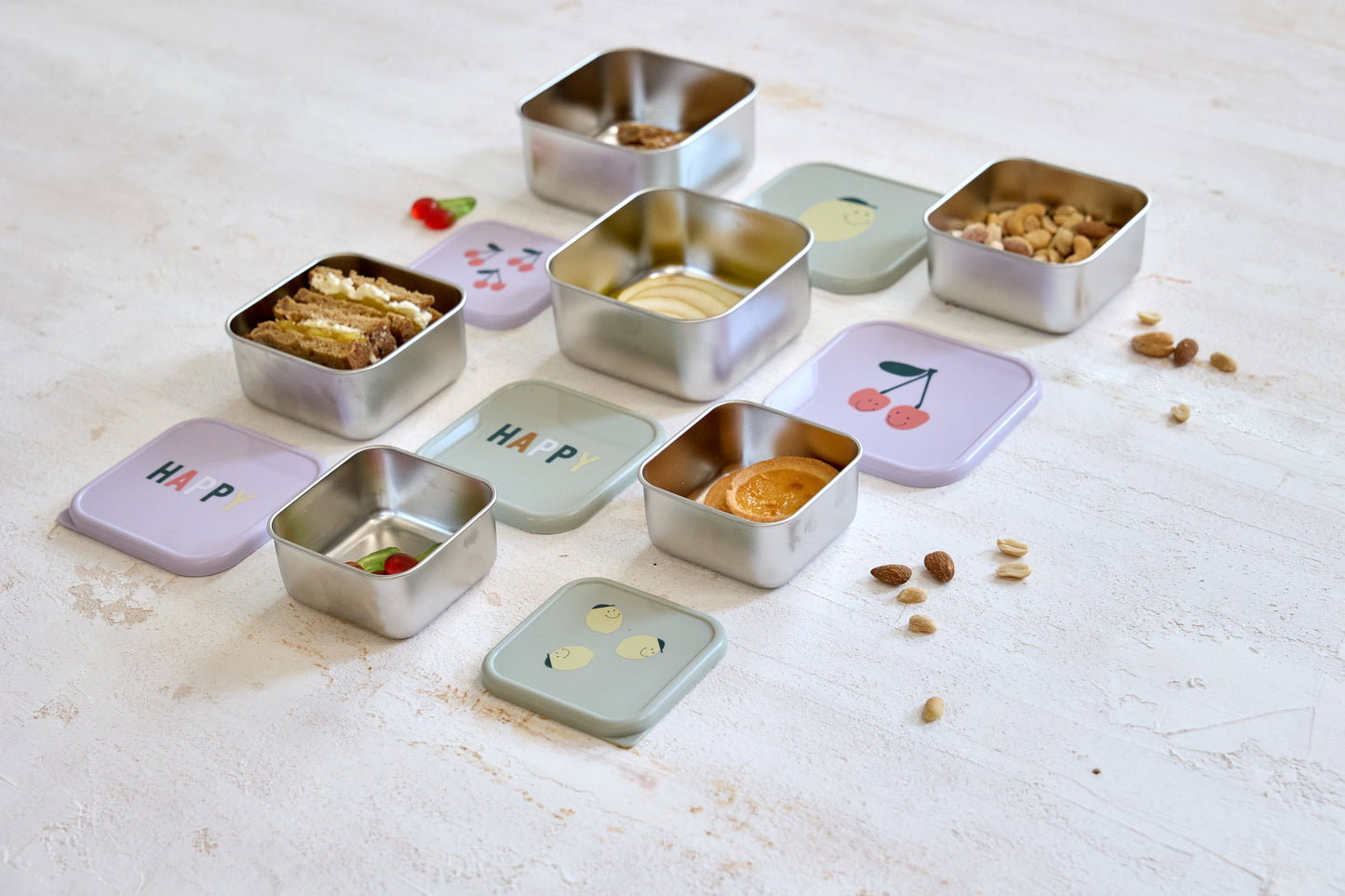 LÄSSIG Snackbox 3er Set Happy Fruits Kirsche stapelbare Edelstahl Boxen