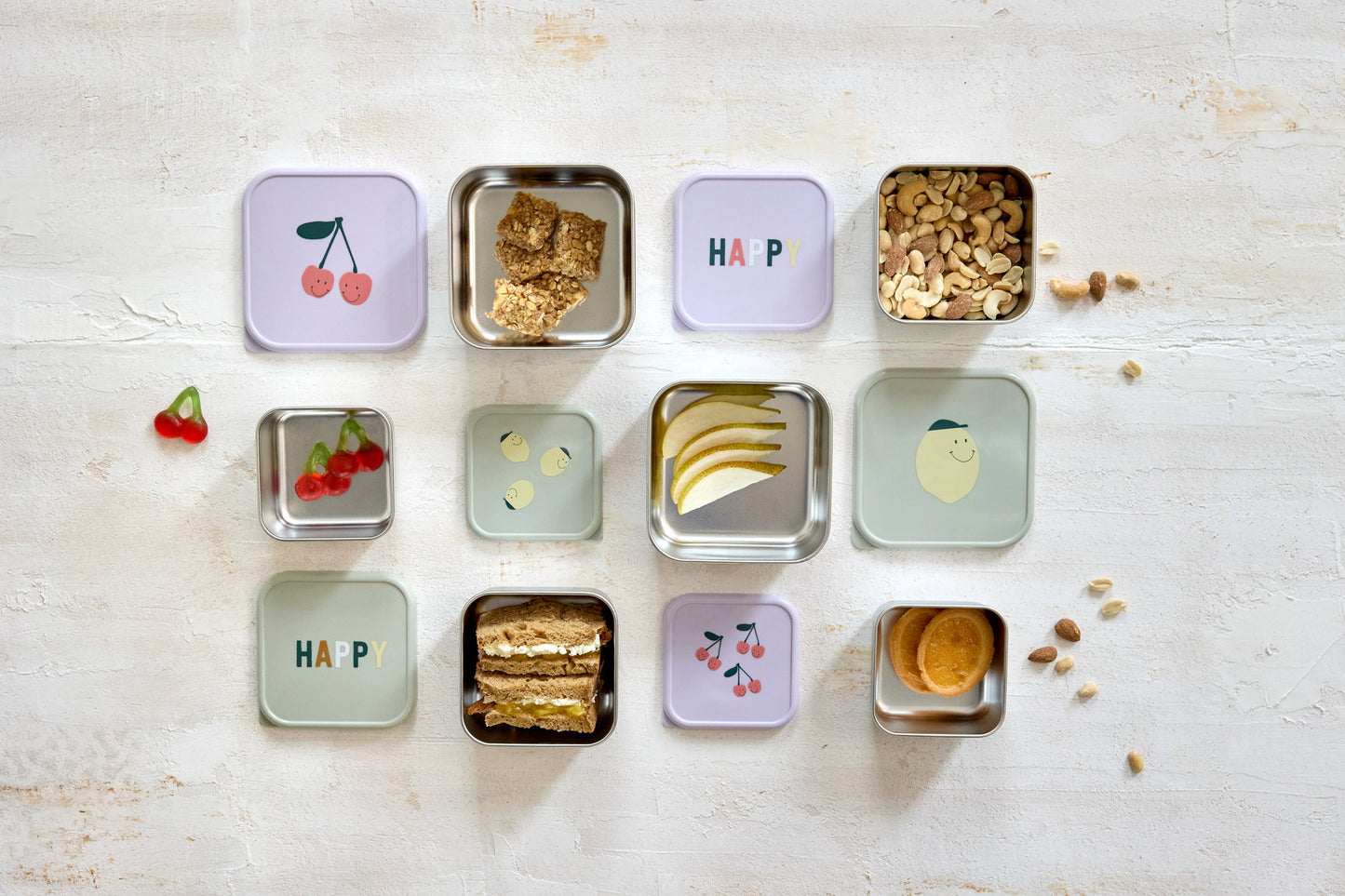 LÄSSIG Snackbox 3er Set Happy Fruits Kirsche stapelbare Edelstahl Boxen