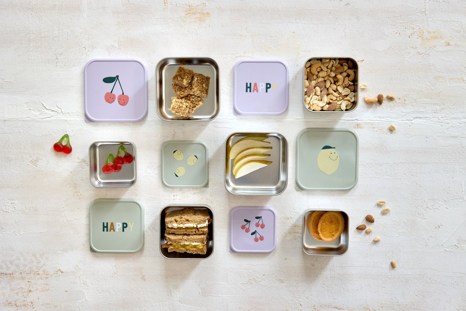 LÄSSIG Snackbox 3er Set Happy Fruits Kirsche stapelbare Edelstahl Boxen