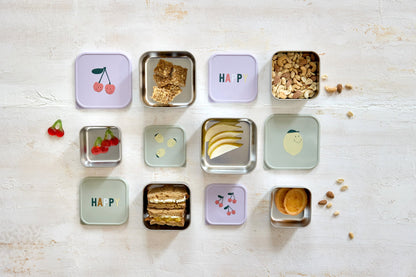 LÄSSIG Snackbox 3er Set Happy Fruits Kirsche stapelbare Edelstahl Boxen