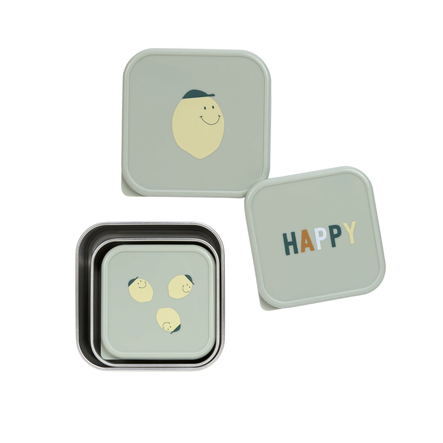 LÄSSIG Snackbox 3er Set Happy Fruits Zitrone stapelbare Edelstahl Boxen