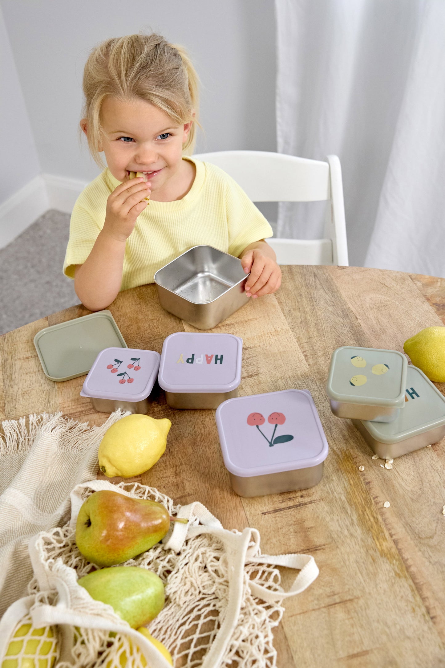 LÄSSIG Snackbox 3er Set Happy Fruits Zitrone stapelbare Edelstahl Boxen
