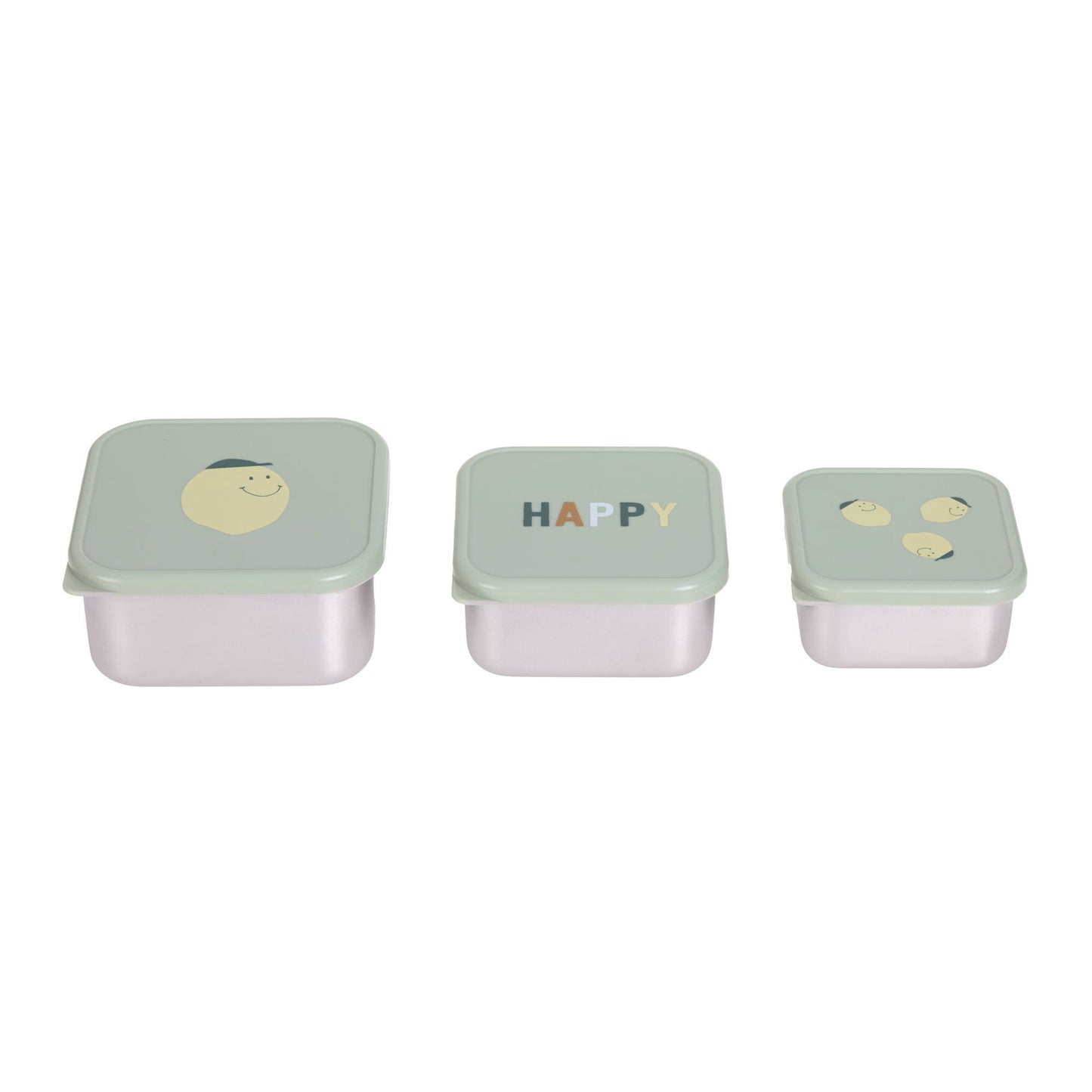 LÄSSIG Snackbox 3er Set Happy Fruits Zitrone stapelbare Edelstahl Boxen