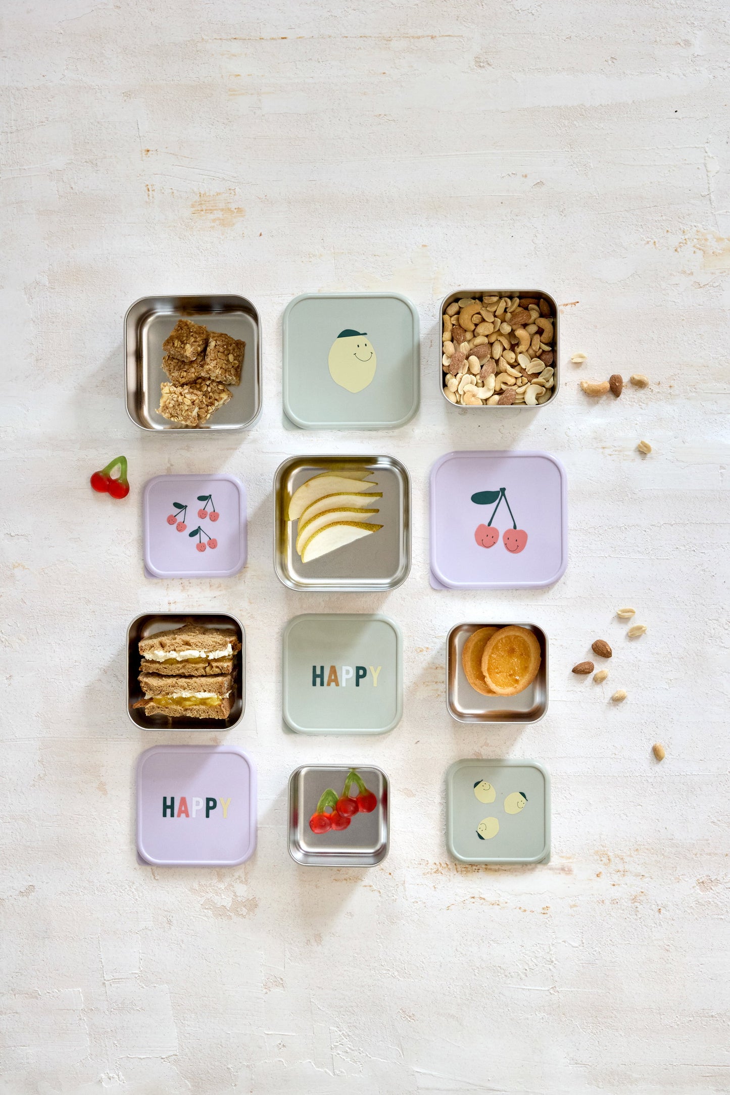 LÄSSIG Snackbox 3er Set Happy Fruits Zitrone stapelbare Edelstahl Boxen