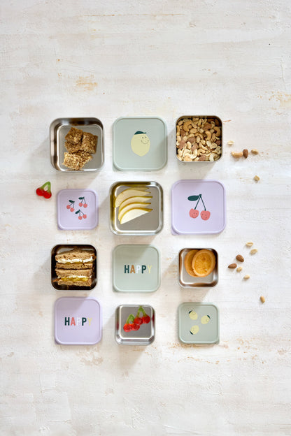LÄSSIG Snackbox 3er Set Happy Fruits Zitrone stapelbare Edelstahl Boxen