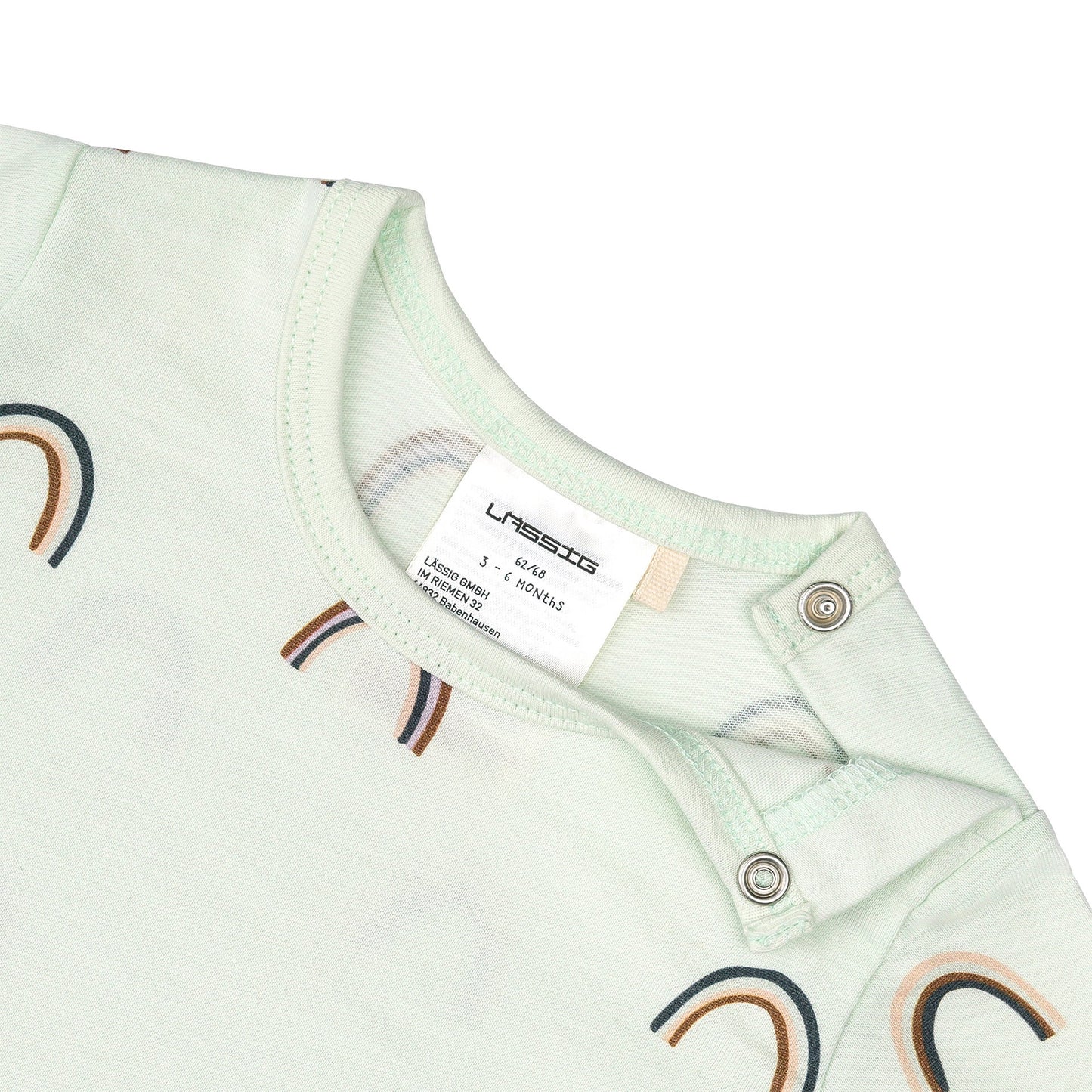 Lässig Baby Jumpsuit Bio Baumwolle, Regenbogen, Mint Detailansicht