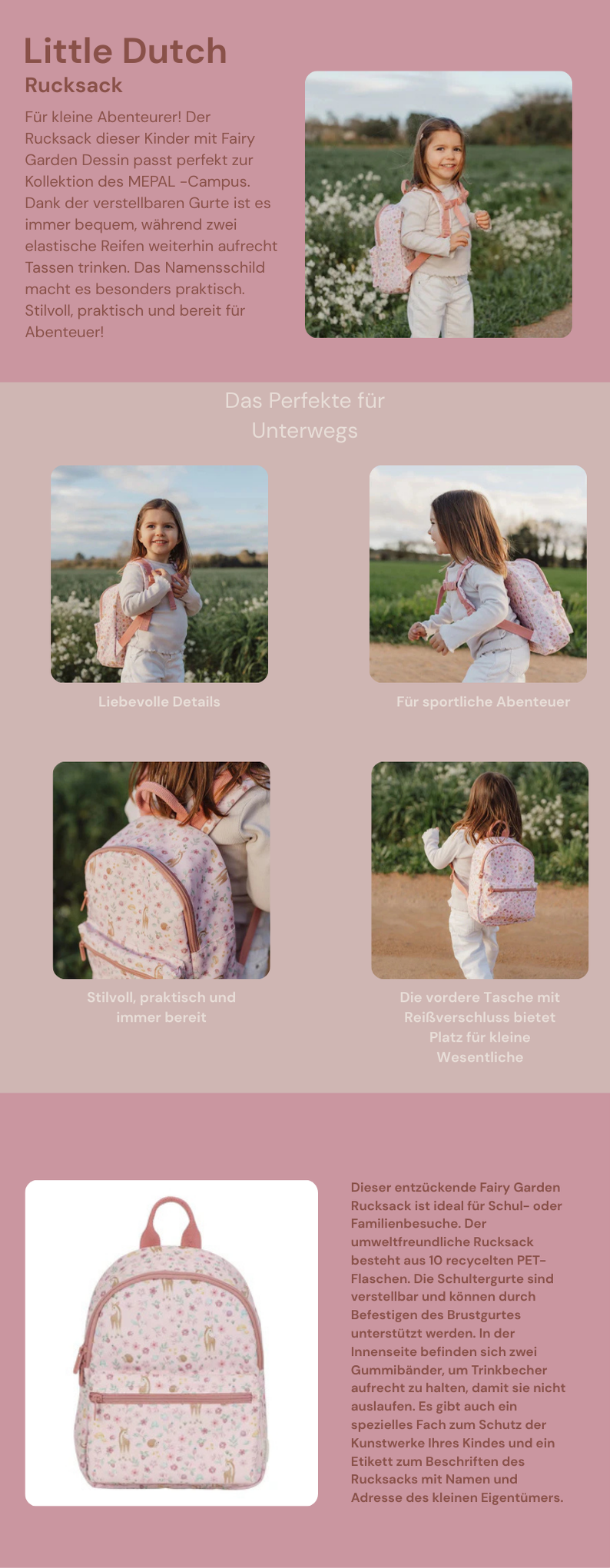 Little Dutch Rosa Kinder Rucksack Fairy Garden