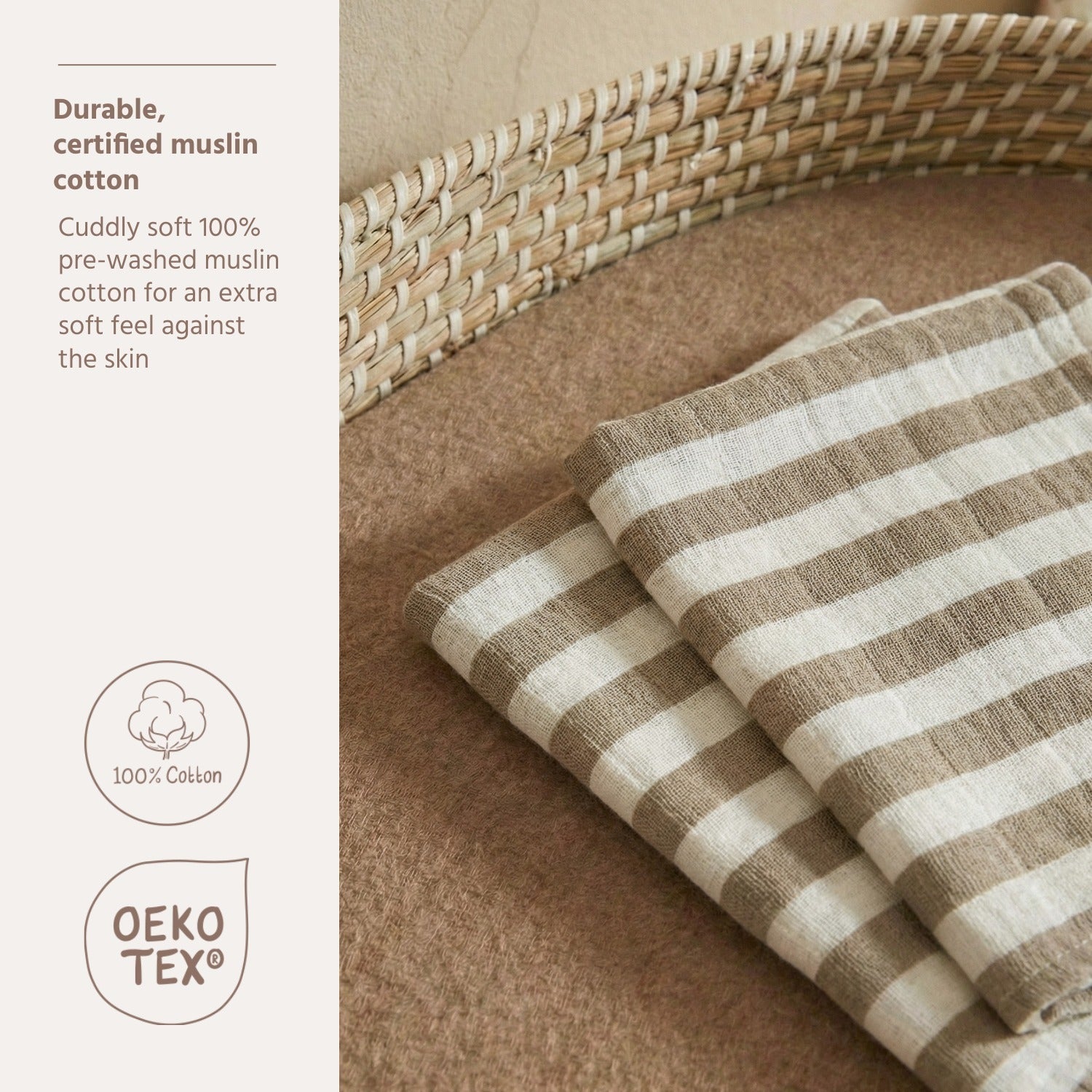Meyco Musselinwindeln vorgewaschen musselin - Fat Stripe Taupe Fat Stripe Taupe