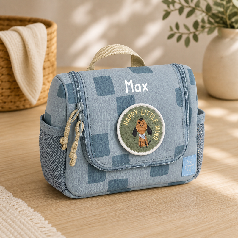 Lässig Kulturbeutel Kinder Pattern Party Blau Personalisierung mit Namen