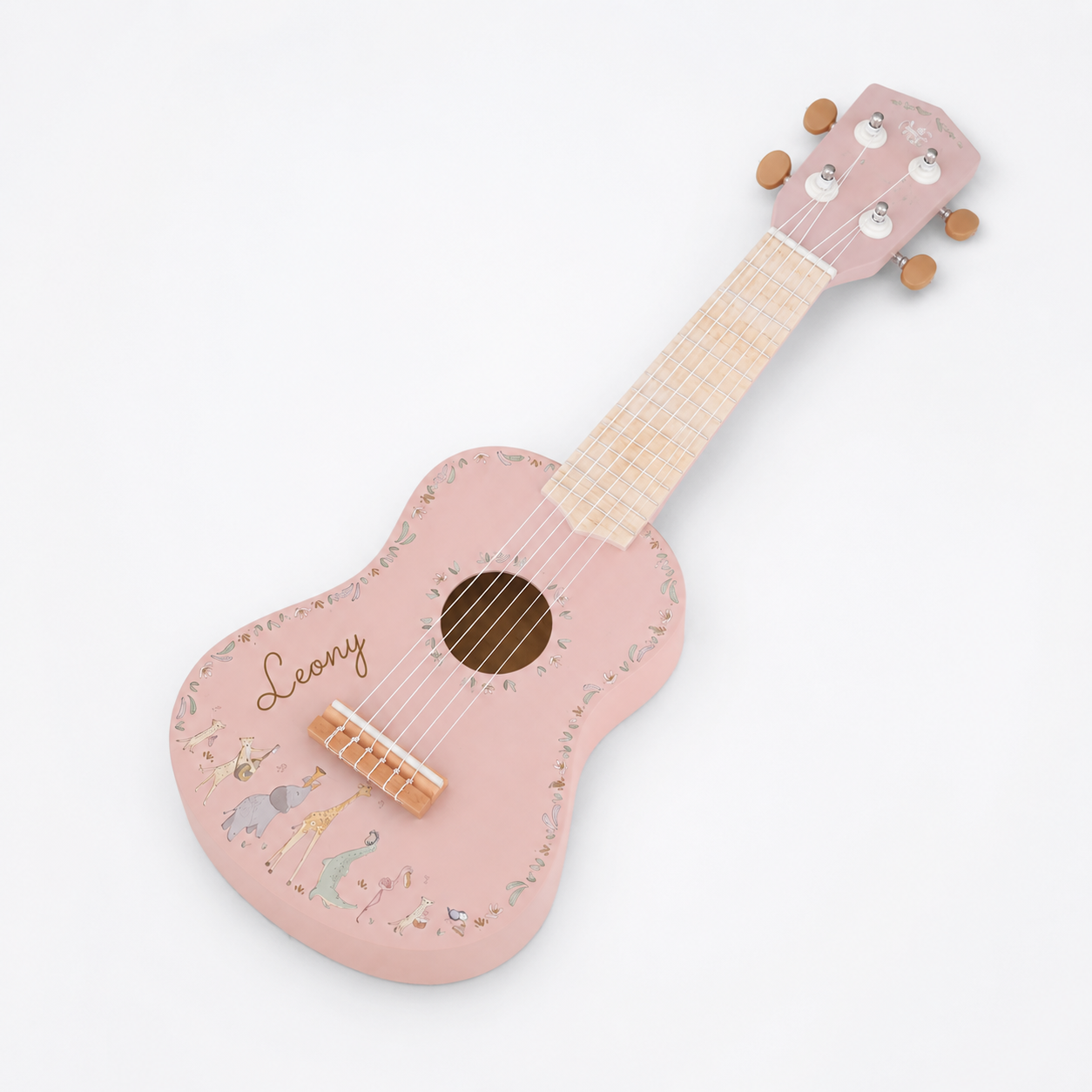 Little Dutch Holzgitarre Rosa mit Namensgravur, Beispiel Wunschname ins Holz graviert