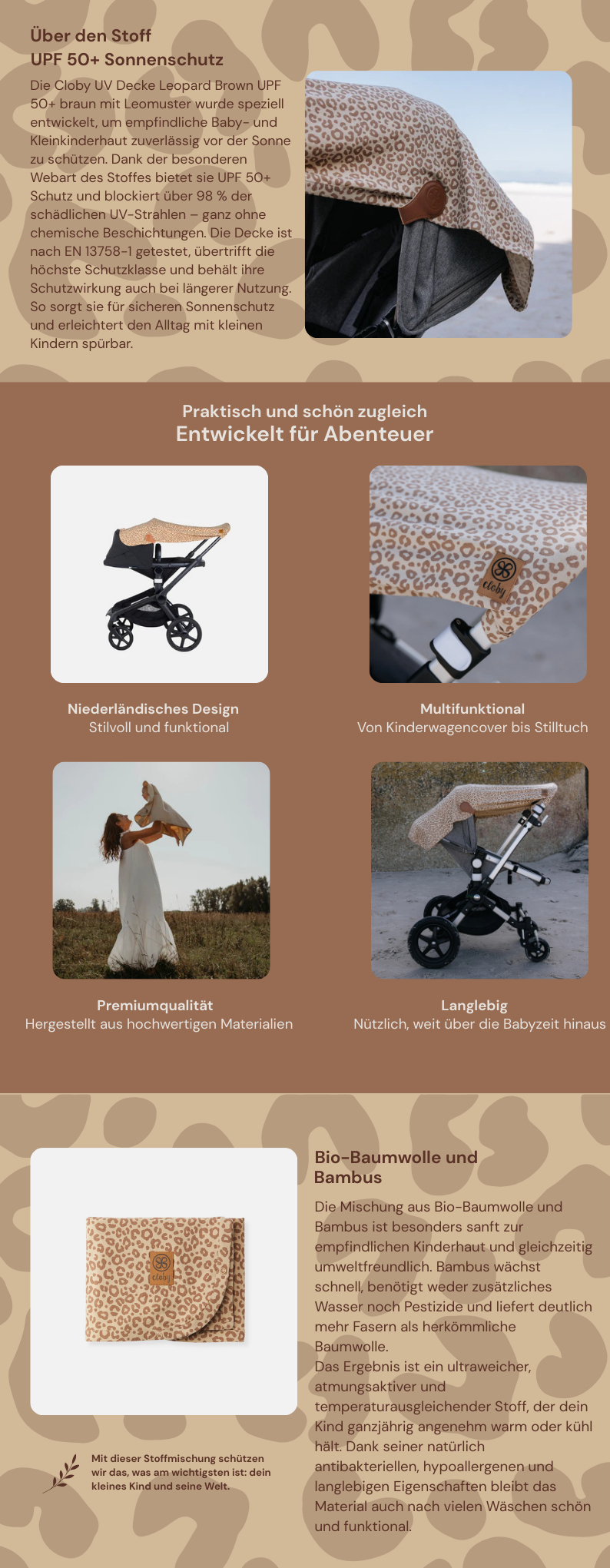 Cloby UV Decke Leopard Brown - UPF 50+ braun mit Leomuster