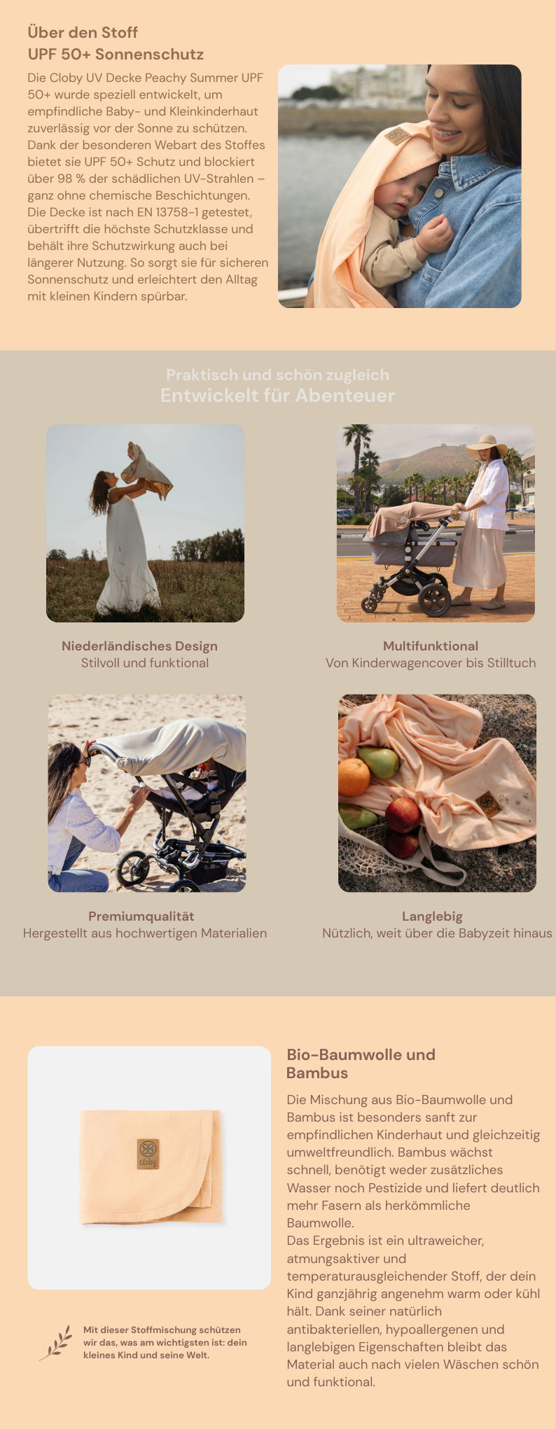 Cloby UV Decke pfirsich Peachy Summer UPF 50+ Sonnenschutzdecke