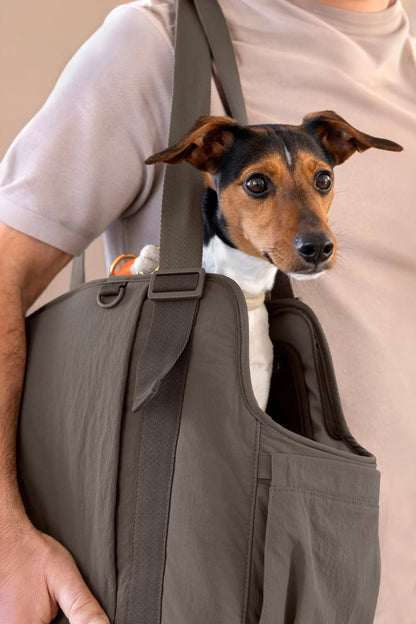 Palopa Hundetasche Crinkled Weda Chocolate mit Hund im Lifestyle