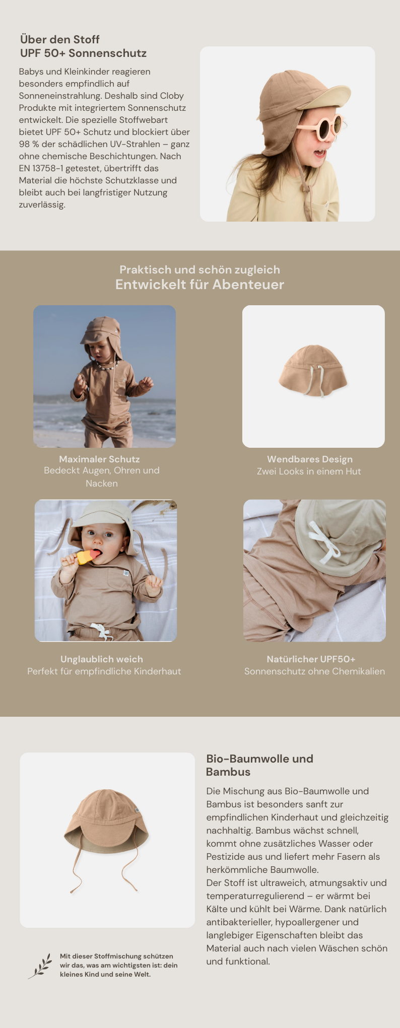 Cloby Sonnenhut mit UV-Schutz zum wenden - Sun Hat peanut brown sandy beach