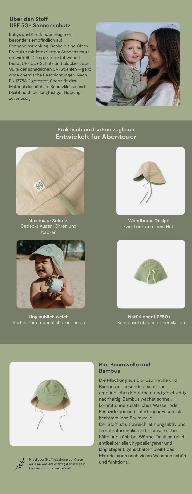 Cloby Sonnenhut in Olive Green/Sandy Beach – UPF 50+