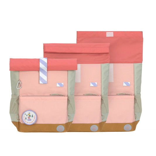 Lässig Kinderrucksack Rolltop geöffnet mit Brotdosenfach und Hauptfach
