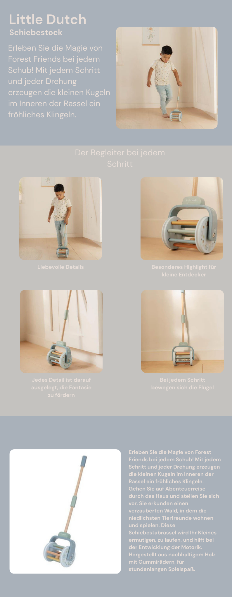 Little Dutch Blau Schiebetier Rassel Holz Forest Friends