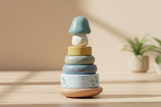 Little Dutch blauer Holz Stapelturm mit Ringen Personalisierung Geburt - Forest Friends