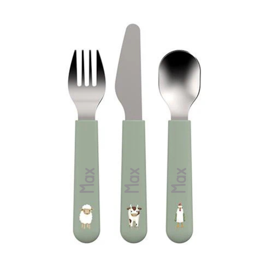 Little Dutch Kinder-Besteckset grün Mepal mio 3-teilig - Little Farm Seitenansicht