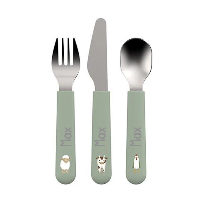 Little Dutch Kinder-Besteckset grün Mepal mio 3-teilig - Little Farm Seitenansicht