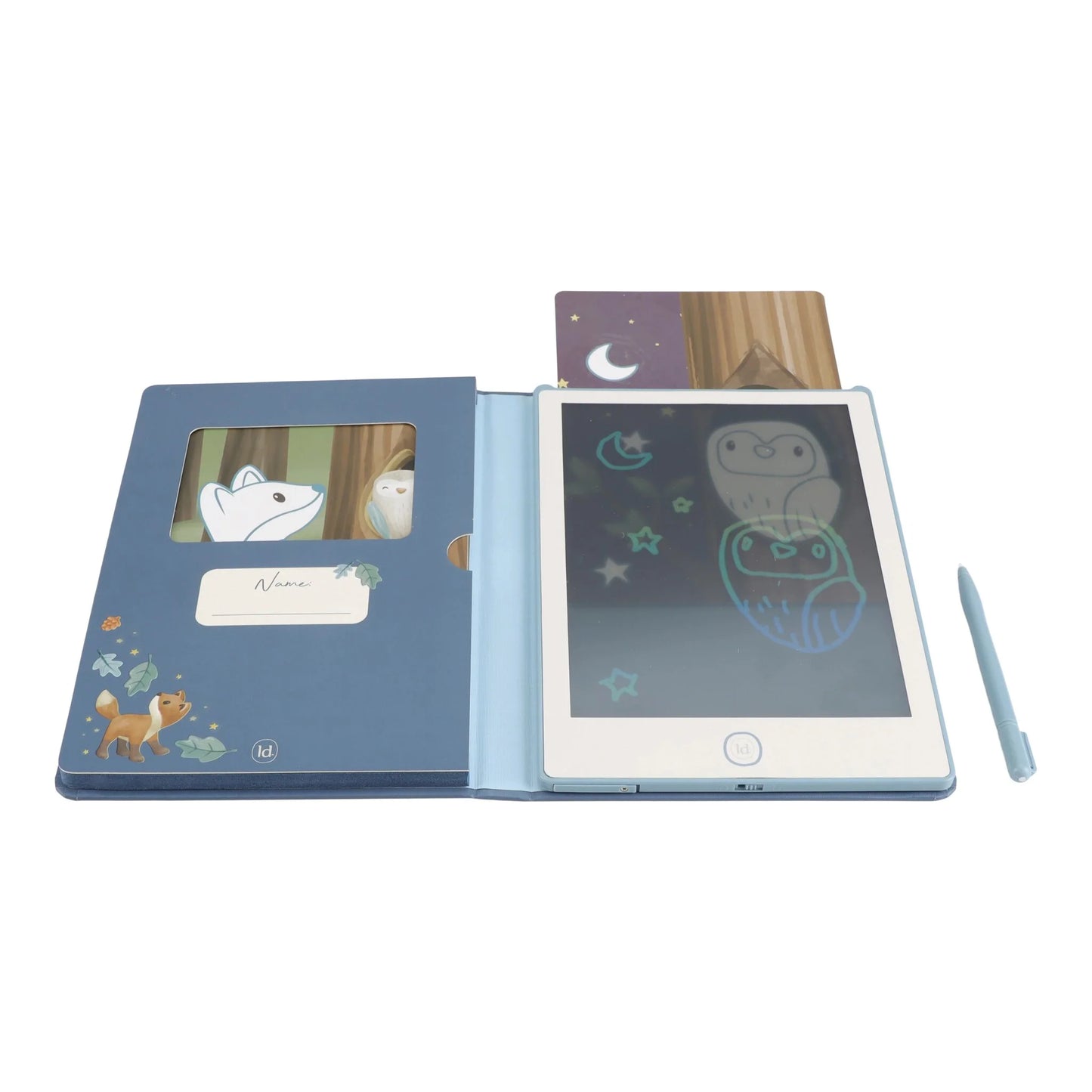 Kind zeichnet mit Little Dutch Zeichentablett Blau