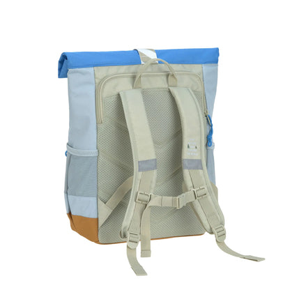Lässig Kinderrucksack Rolltop geöffnet mit Brotdosenfach und Hauptfach Grün Blau