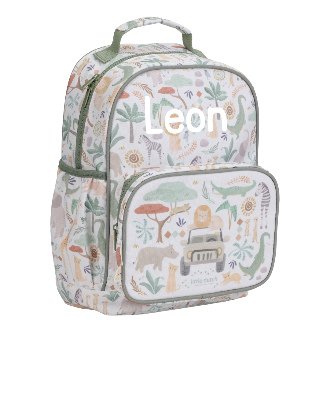 Kinder-Rucksack 35 cm Safari Friends Personalisierung, Beispiel Wunschname Leon vorne aufgedruckt