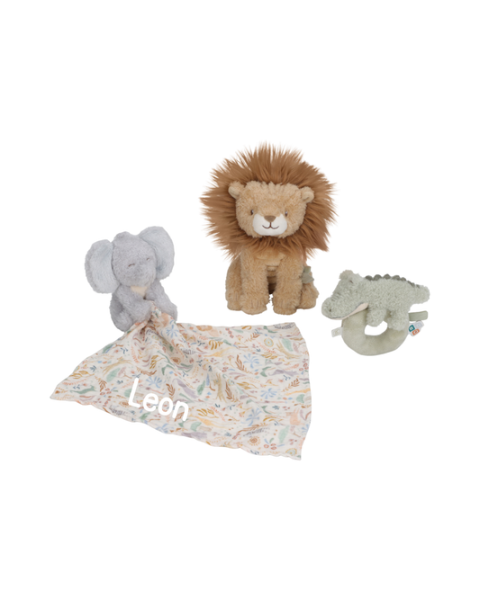 Babygeschenk Safari Friends personalisiert, Beispiel Wunschname Leon auf Plüsch-Schmusetuch