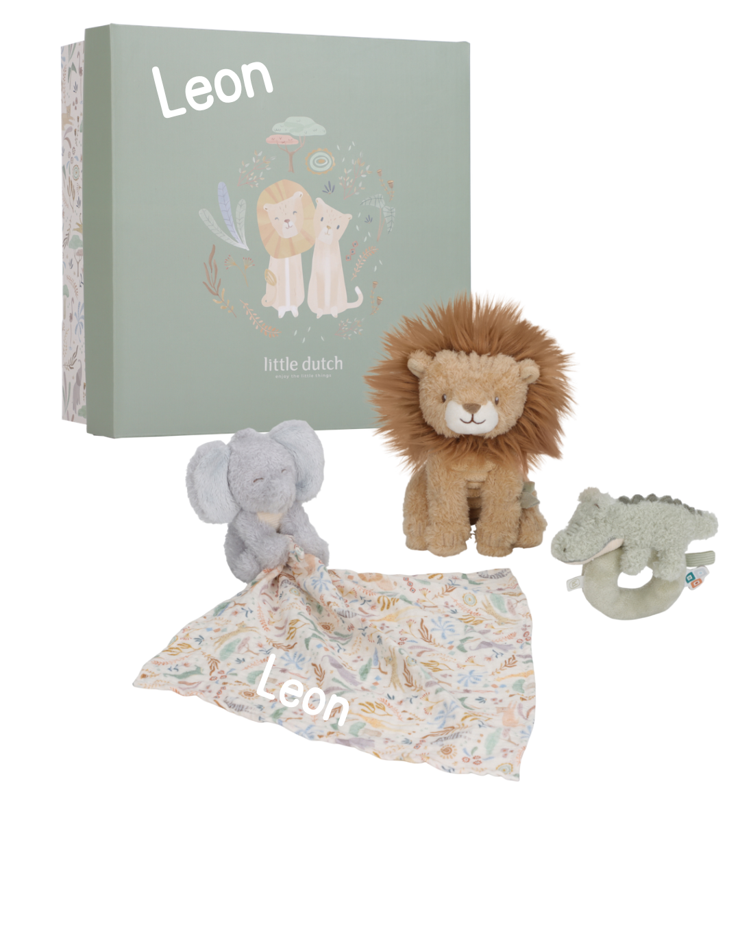 Little Dutch Geschenkset Safari Friends personalisiert mit Wunschnamen, Beispiel Name Leon auf Geschenkbox und Schmusetuch