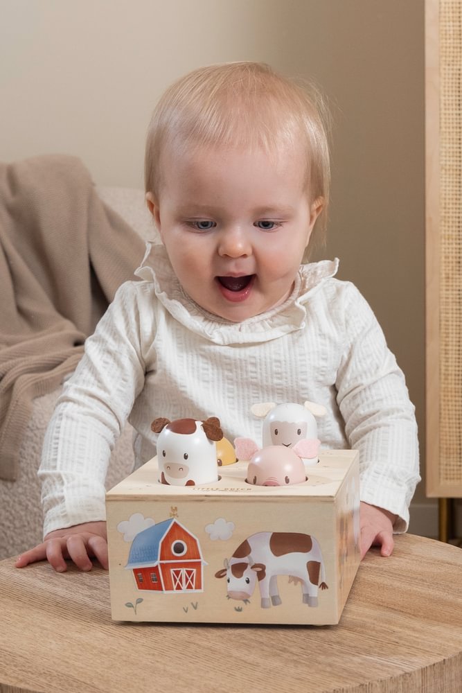 Little Dutch Pop-up Spiel Little Farm Bauernhoftiere Holz Material Nahaufnahme